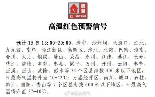豪资随配 重庆发布今年首个高温红色预警信号 大范围高温过程进入最强时段